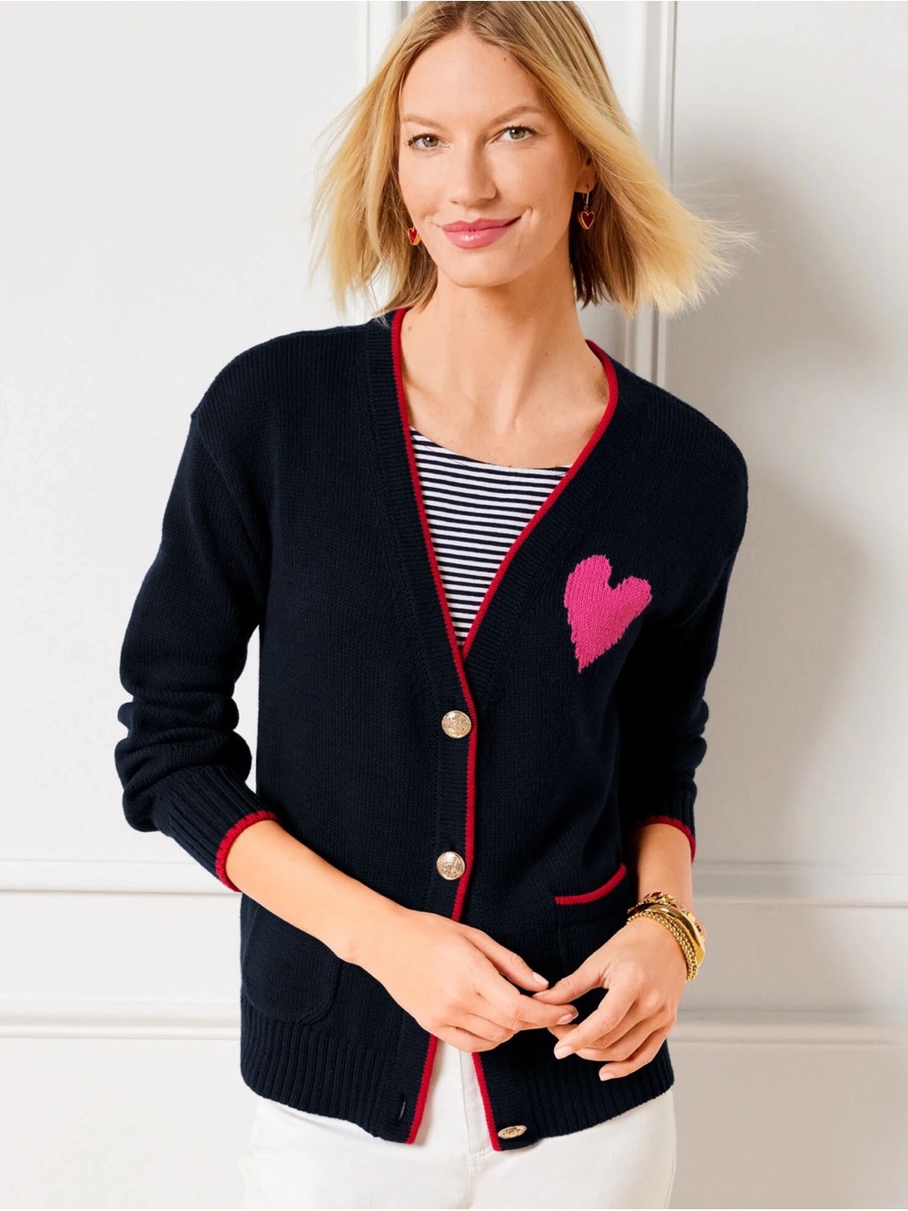 Talbots V Neck Cardigan Heart Sweater Women’s 2X XXL Navy Gold Buttons